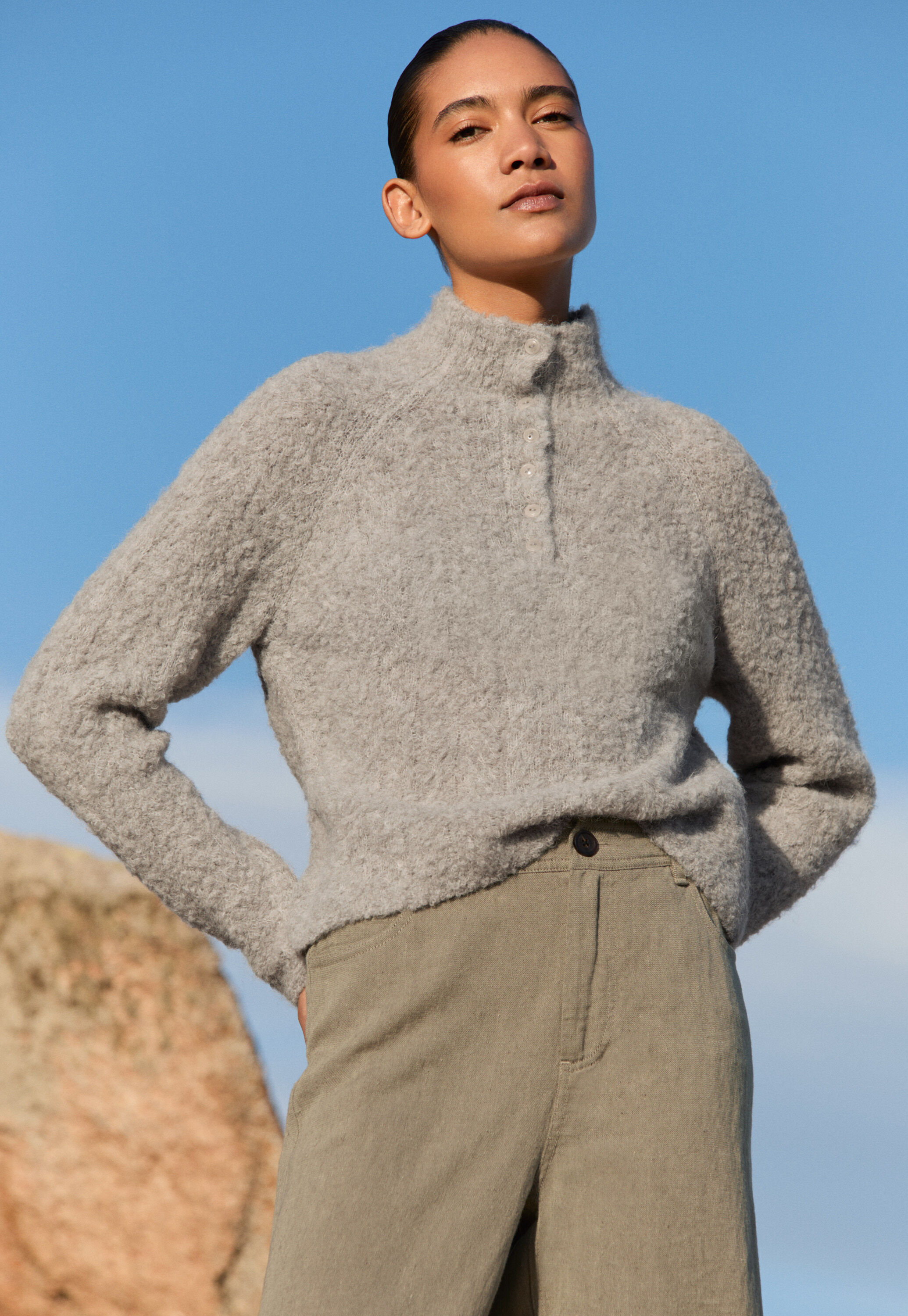 Pullover mit gekn&ouml;pftem Kragen, Natur/Grau, large