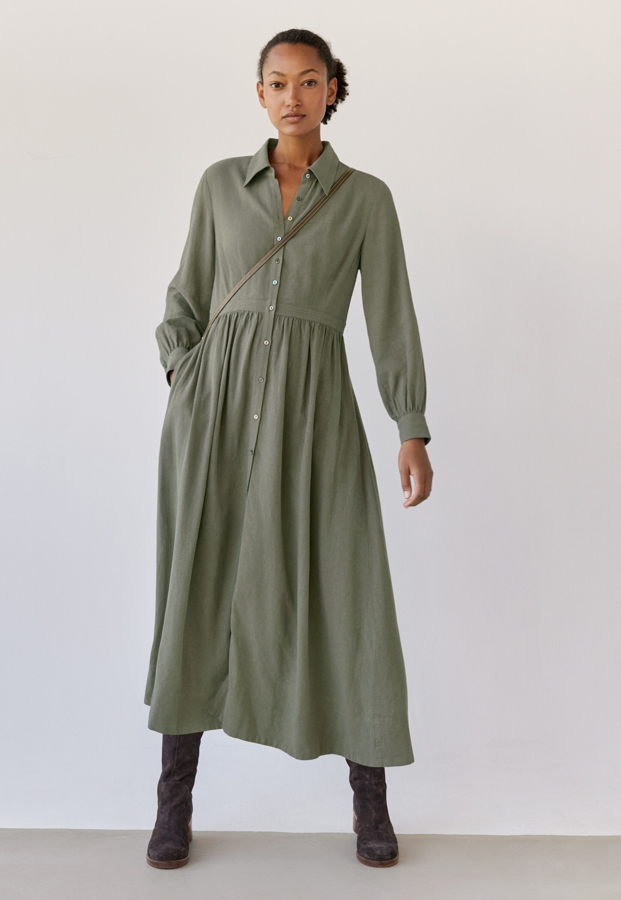 Langes Hemdkleid, Khakigr&uuml;n, large