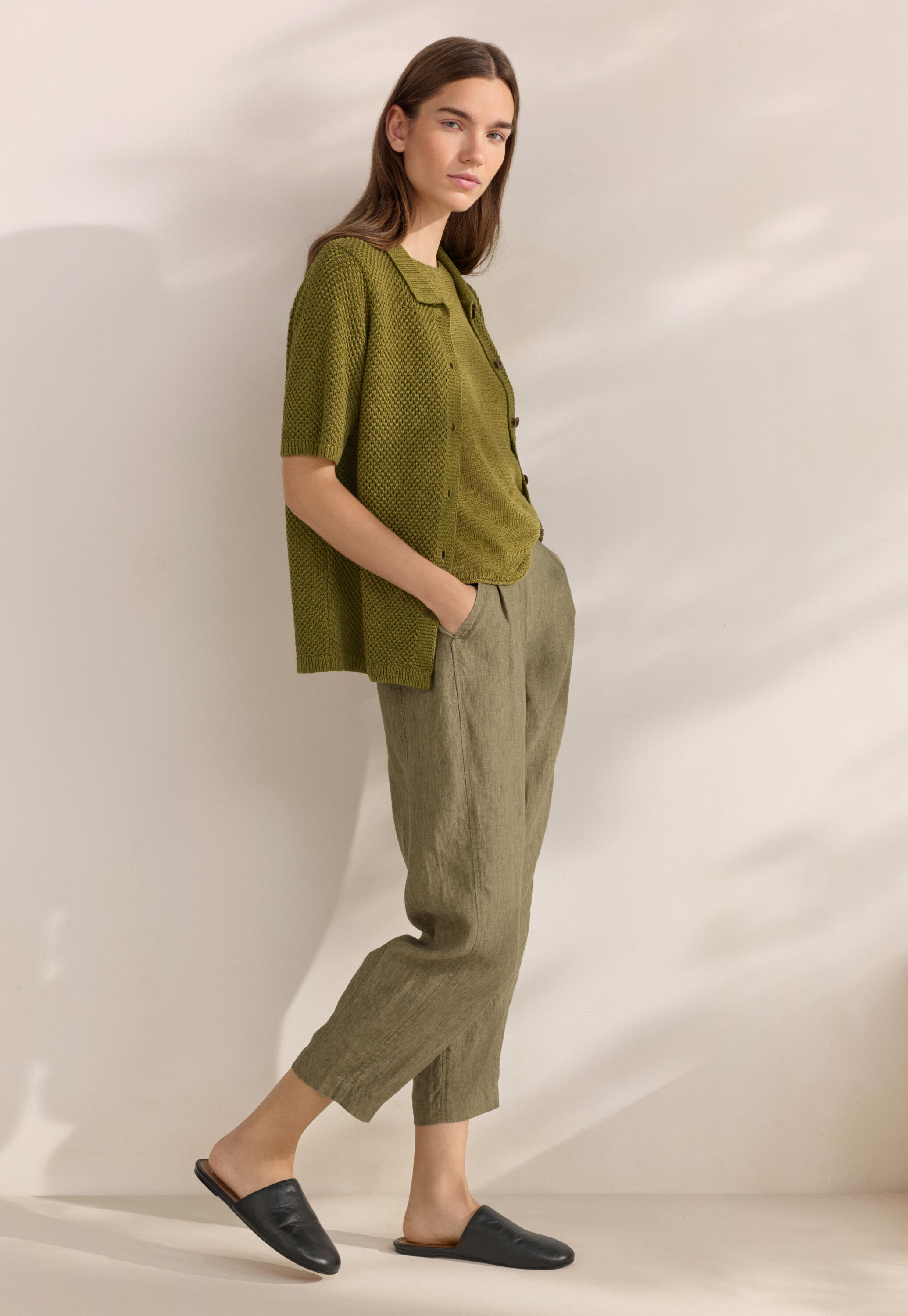 Cardigan mit Kragen im Perlmuster, Dunkle Limette, large