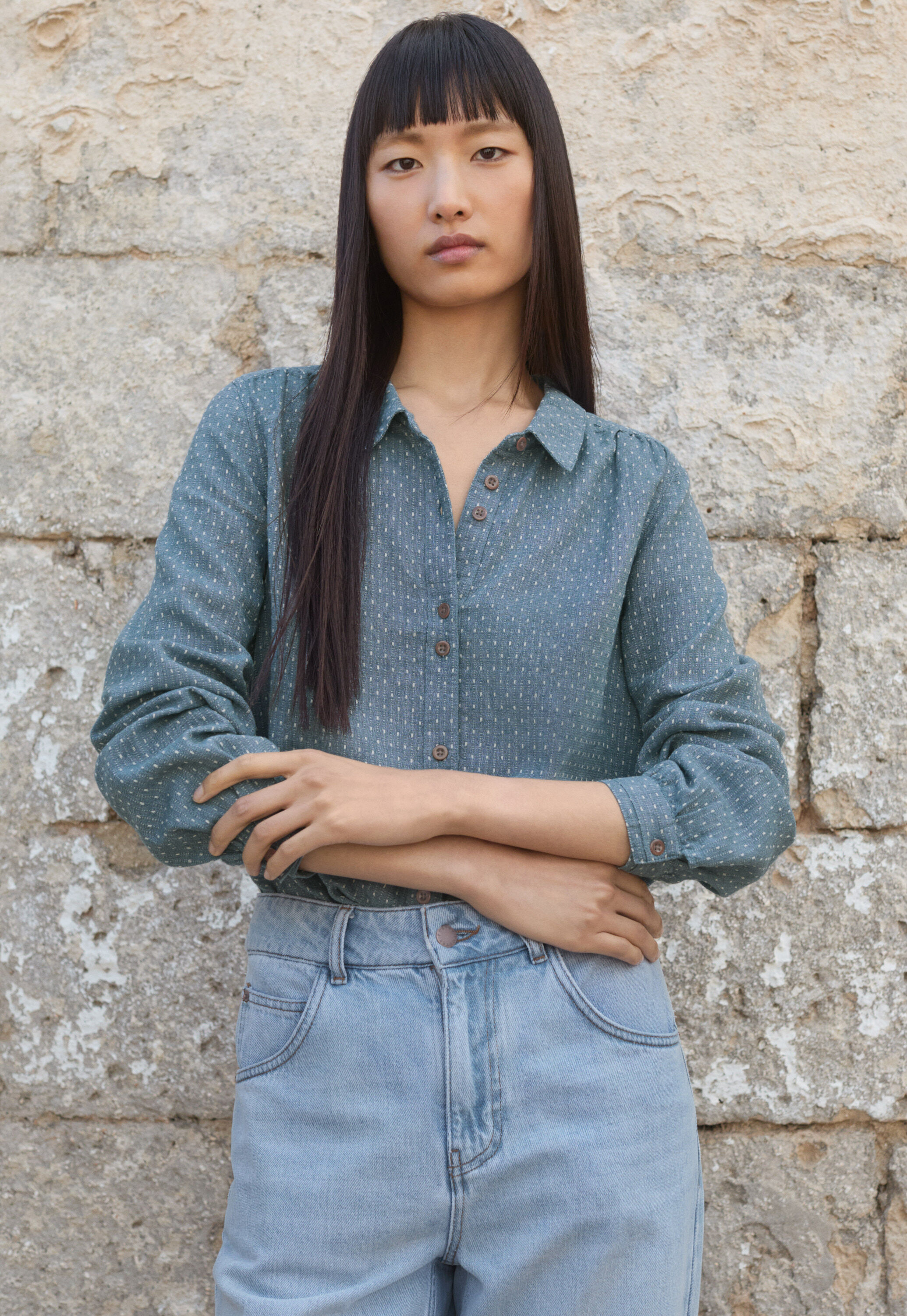 Bluse in Strichmuster-Webung, Blasses Denimblau, large