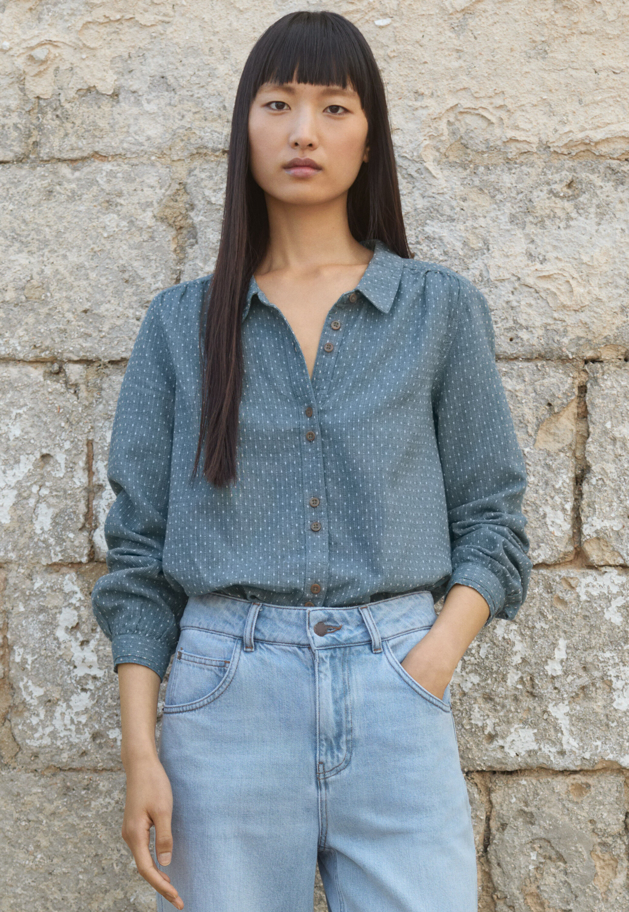 Bluse in Strichmuster-Webung, Blasses Denimblau, large