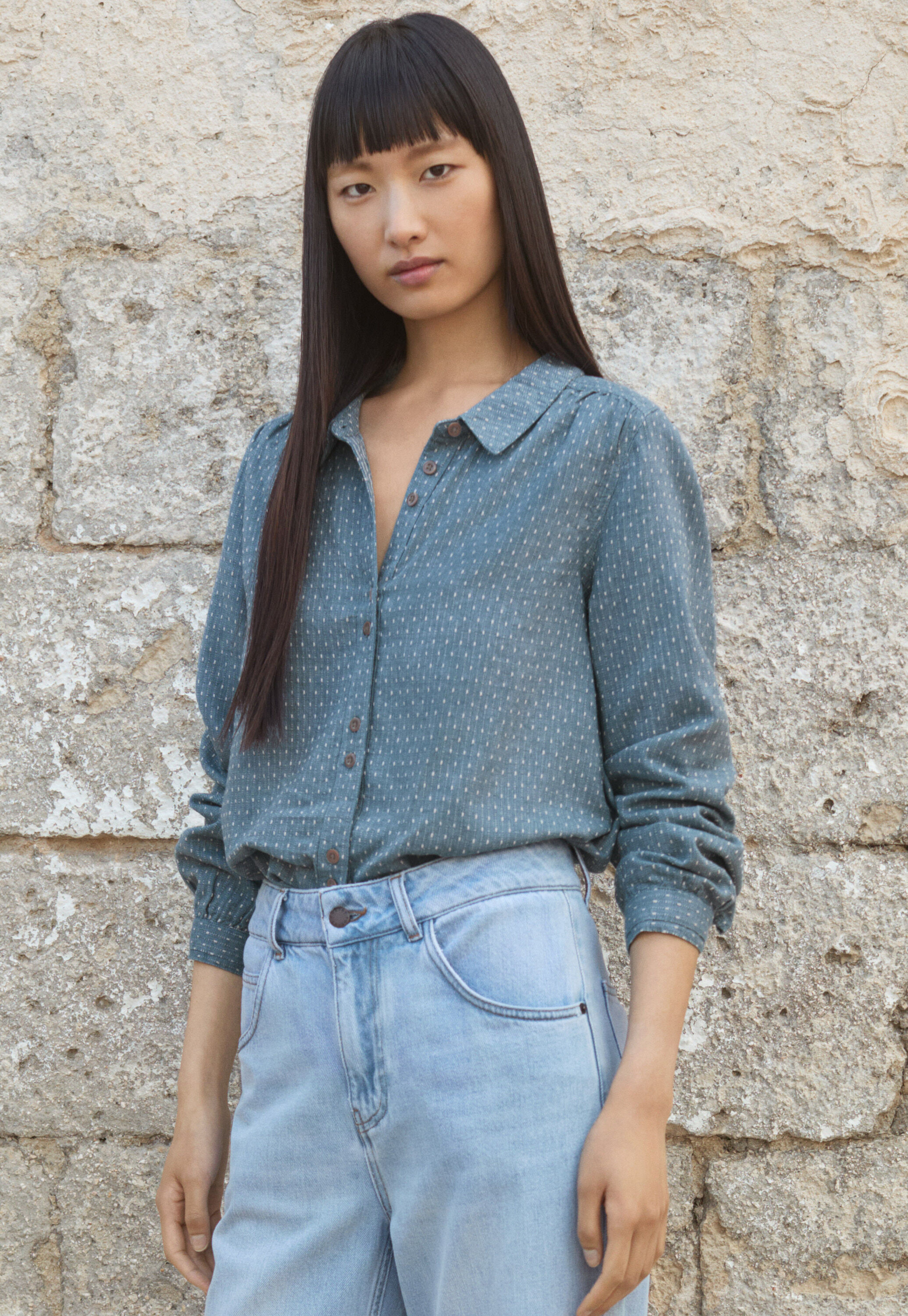 Bluse in Strichmuster-Webung