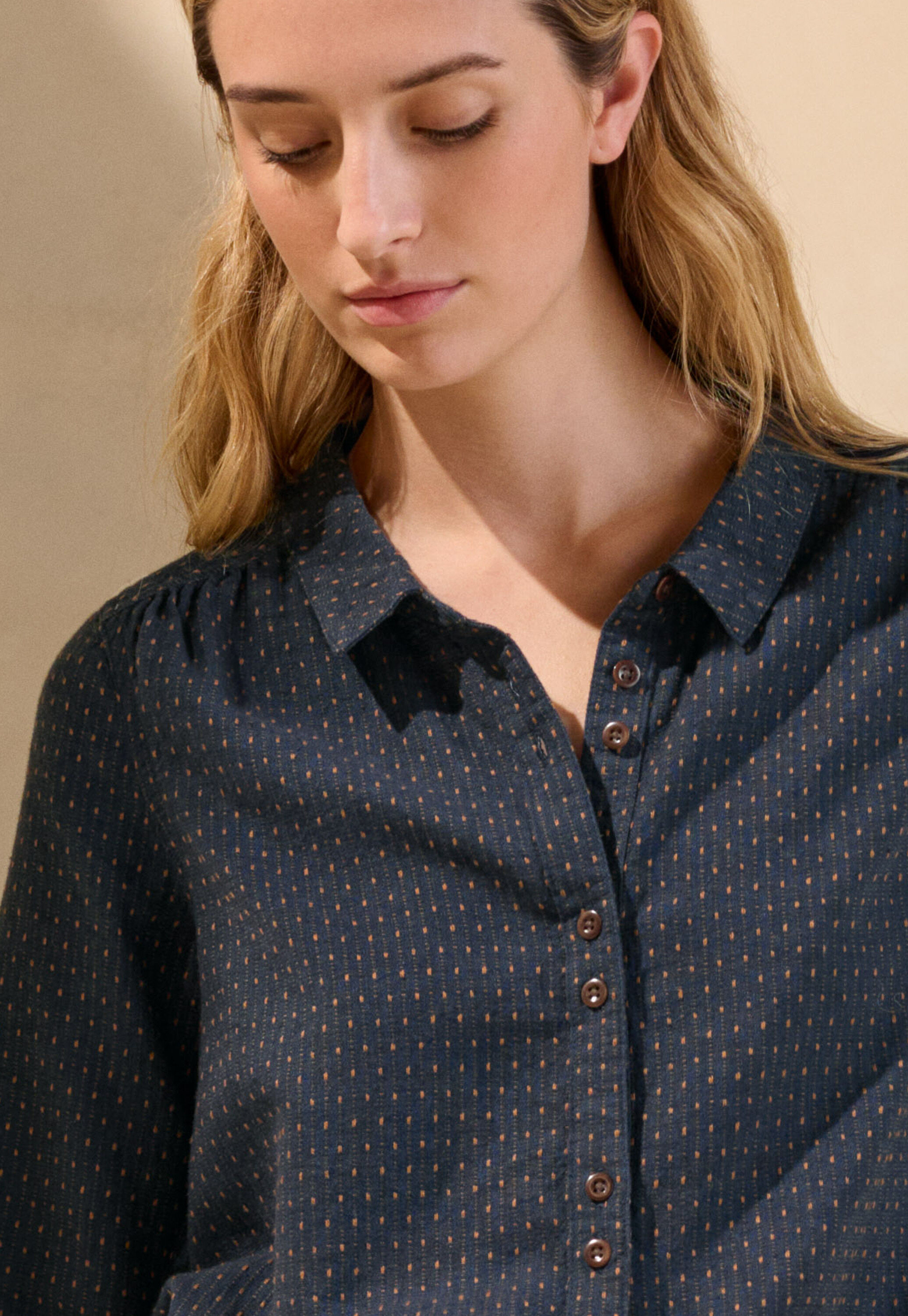 Bluse in Strichmuster-Webung, Petrol/Rost, large