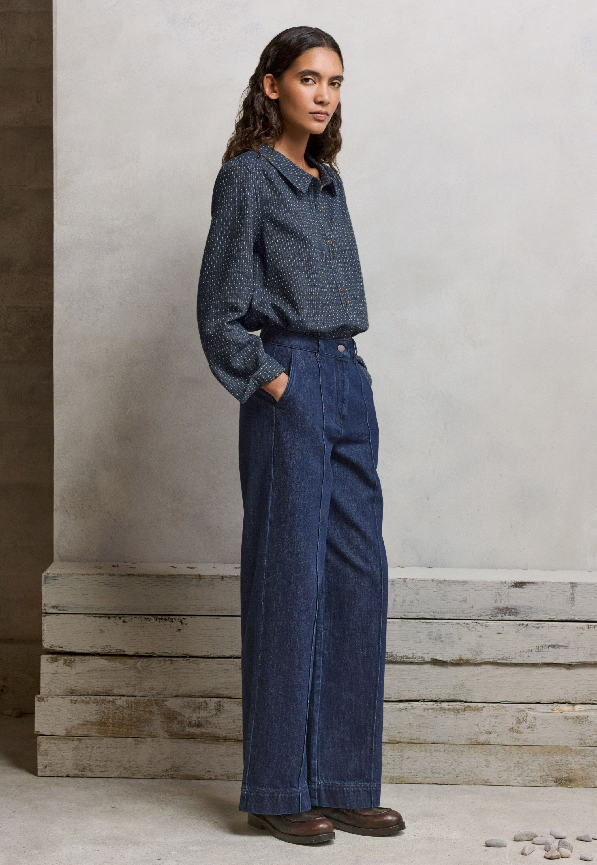 Bluse in Strichmuster-Webung, Zartes Indigo, large