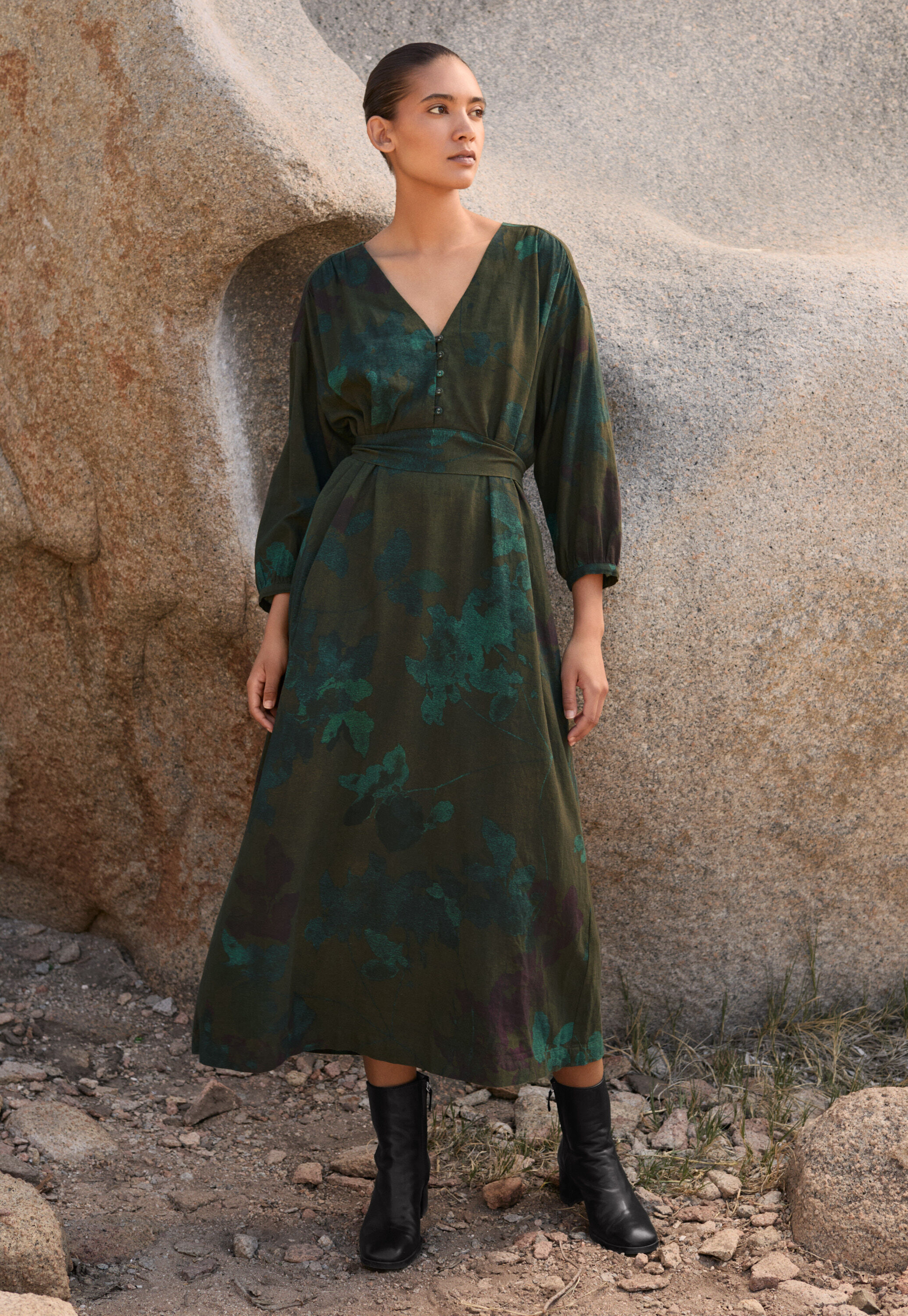 Langes Print-Kleid, Braun/Aquamarin, large