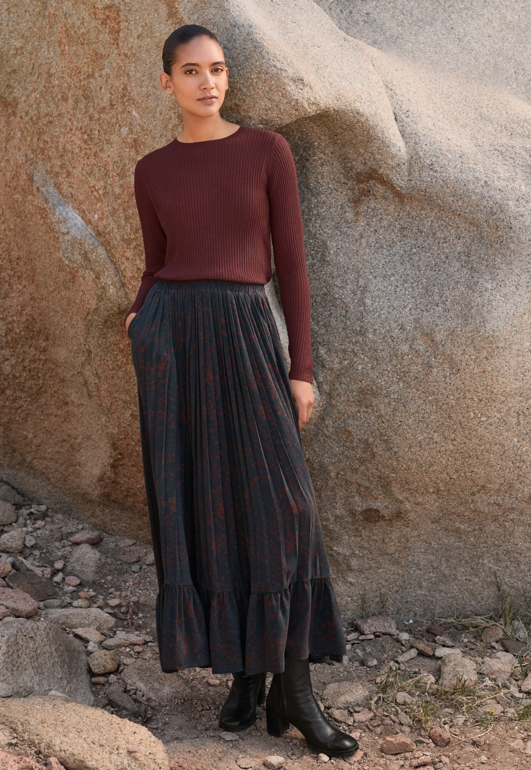 Rock mit Print und ausgestelltem Saum, Petrol/Pflaume, large