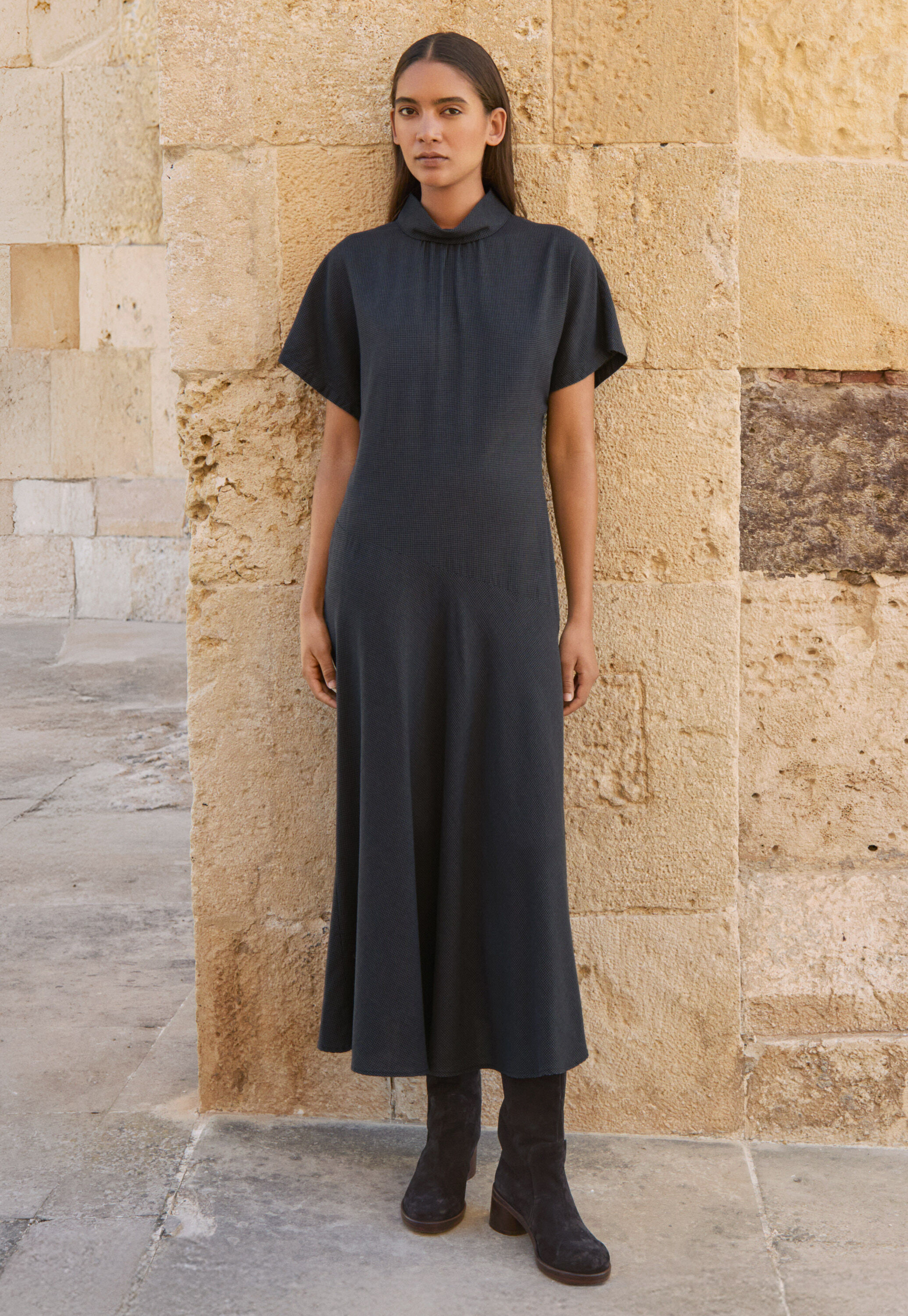 Kleid mit Hahnentrittmuster, Grau/Schwarz, large