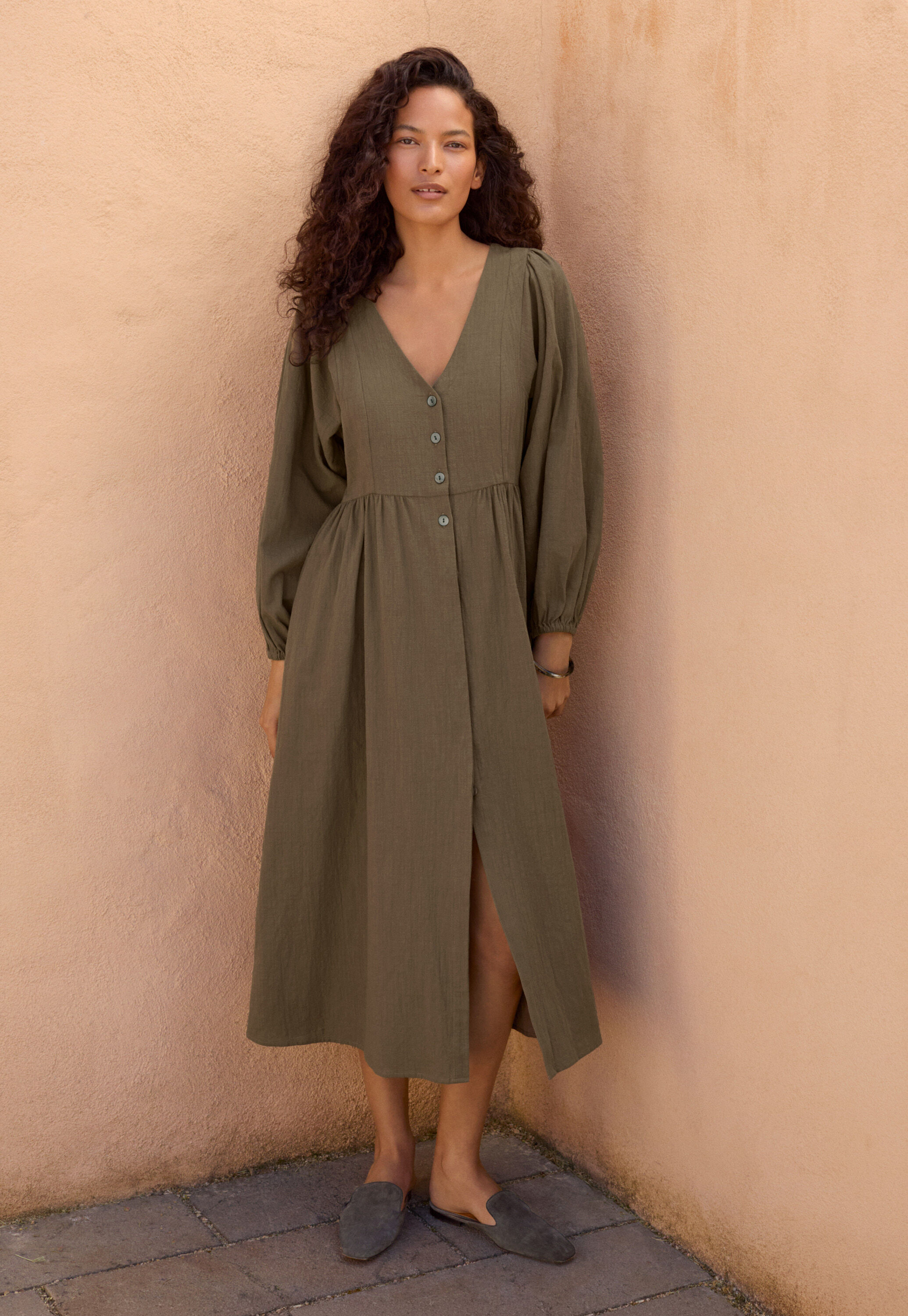 Kleid mit gerafften &Auml;rmeln, Khaki, large