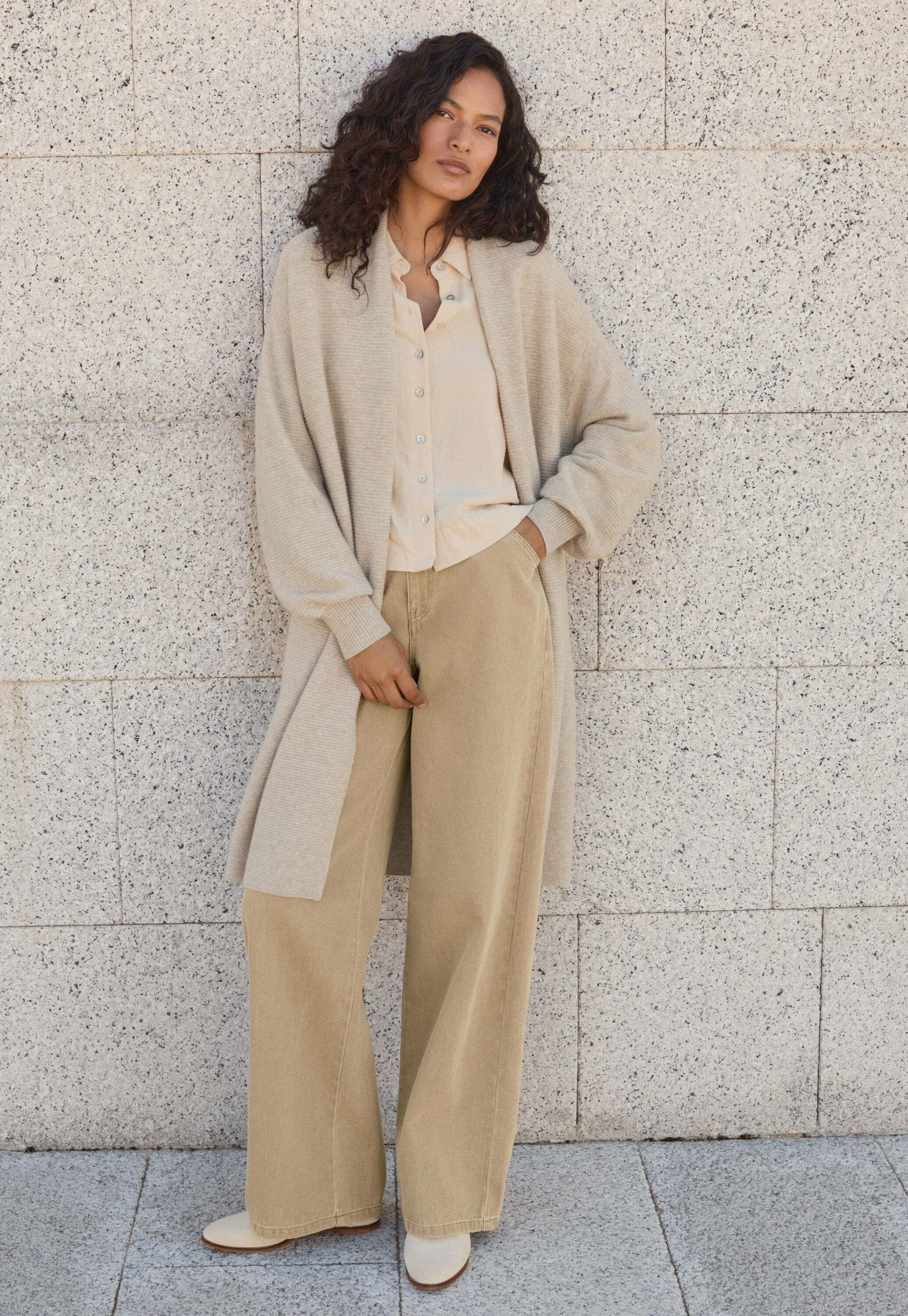 Langer Cardigan, Ecru/Rehbraun, large