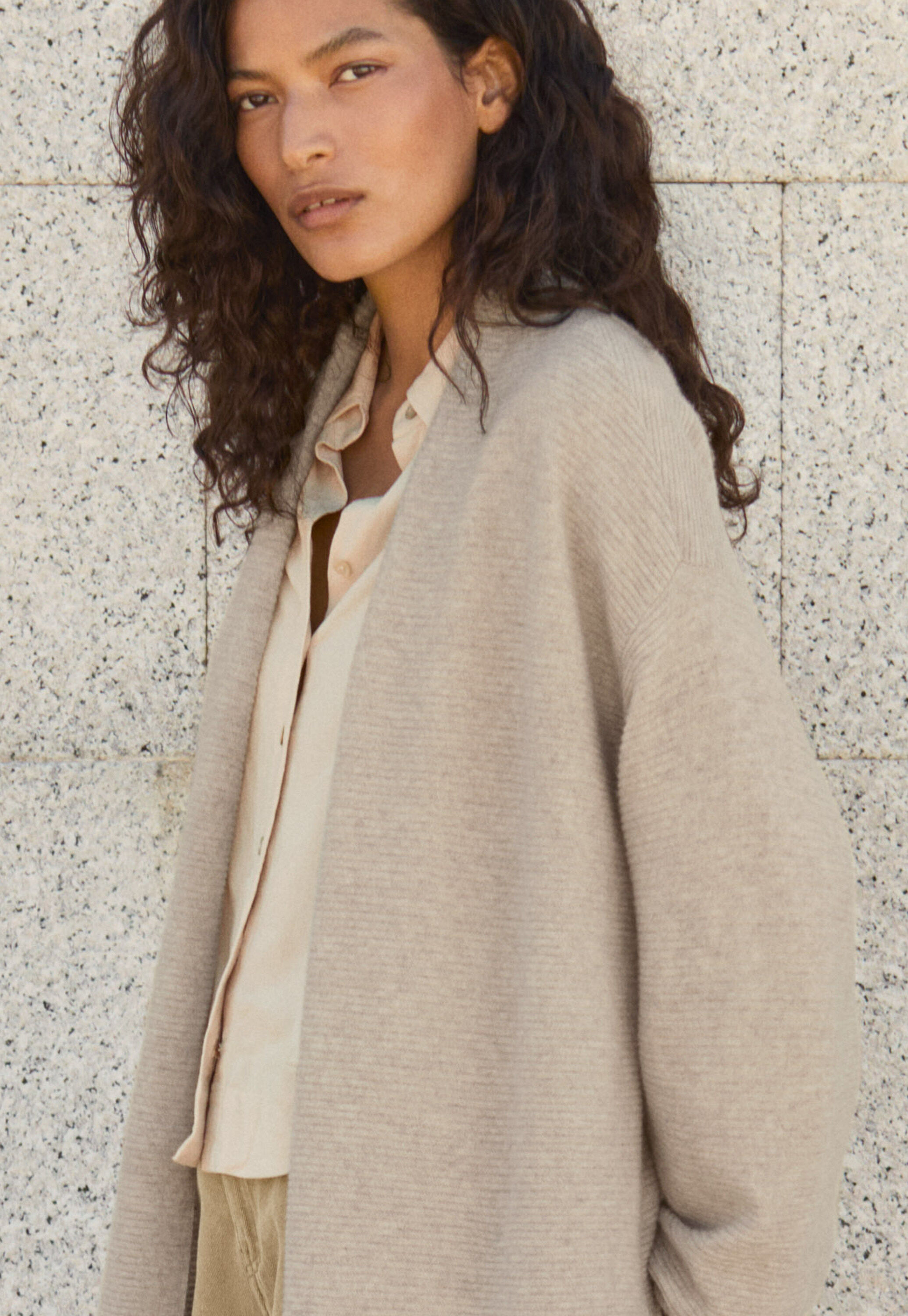 Langer Cardigan, Ecru/Rehbraun, large