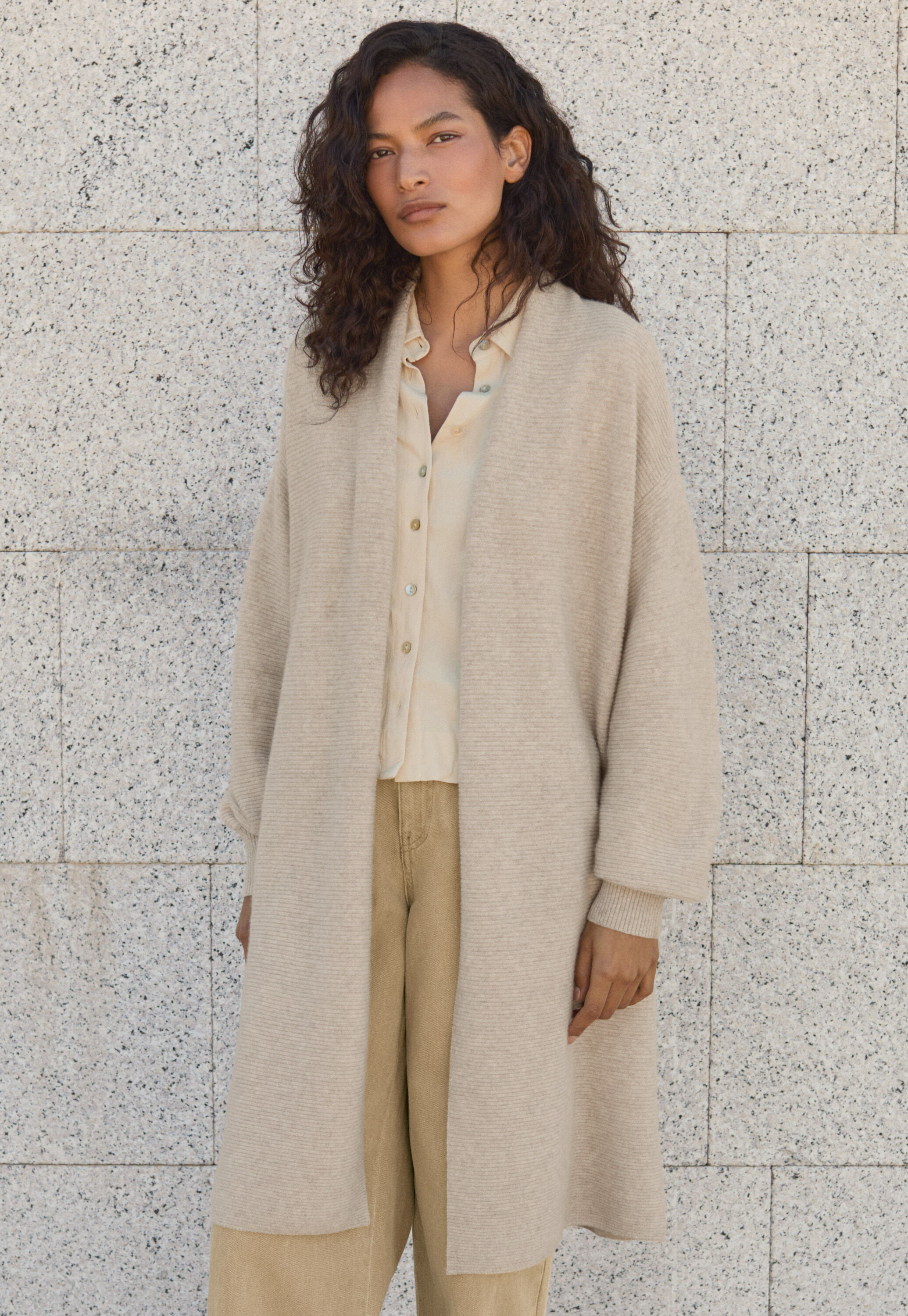 Langer Cardigan, Ecru/Rehbraun, large