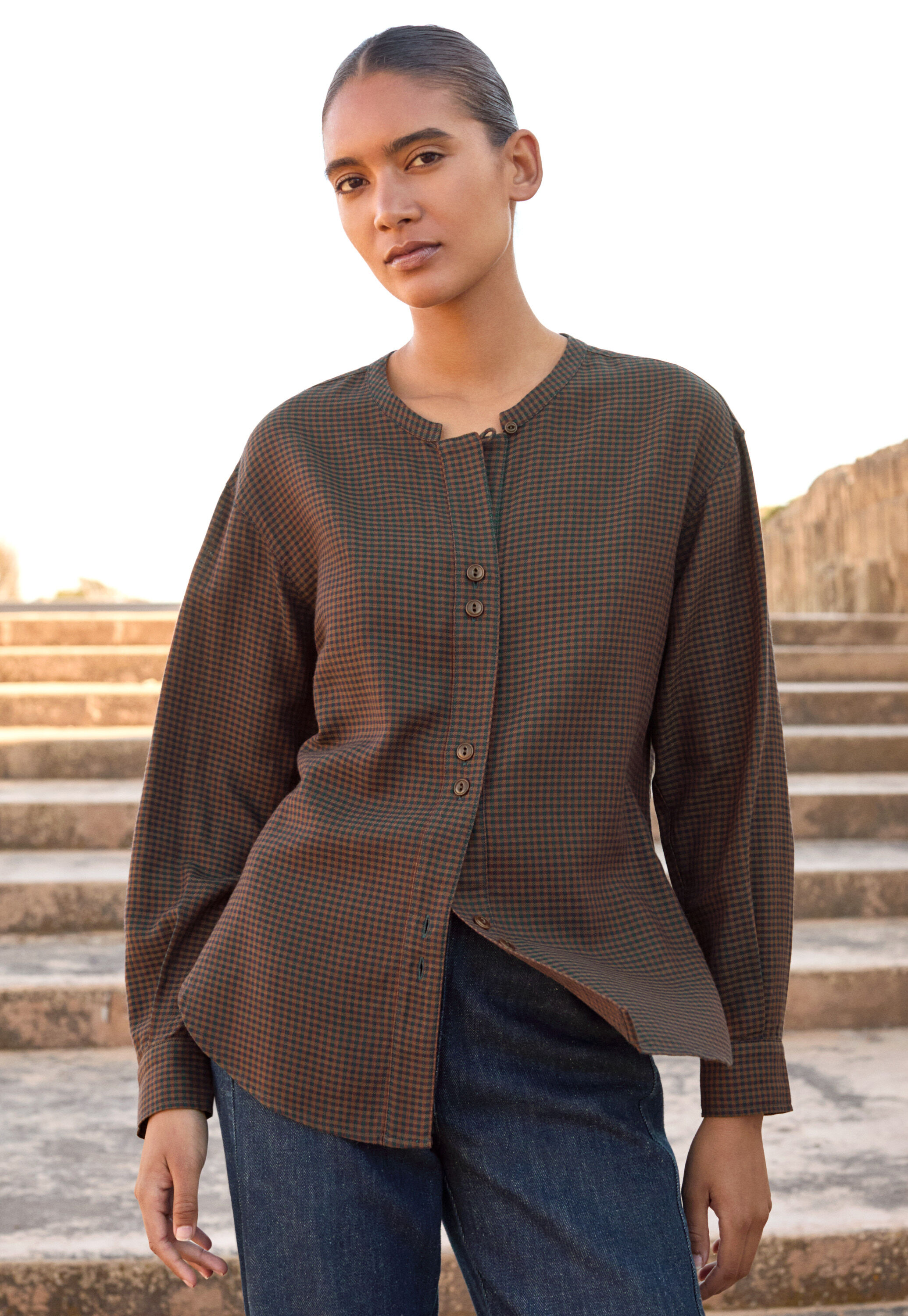 Vichy-Karo-Bluse, Mitternacht/Koralle, large