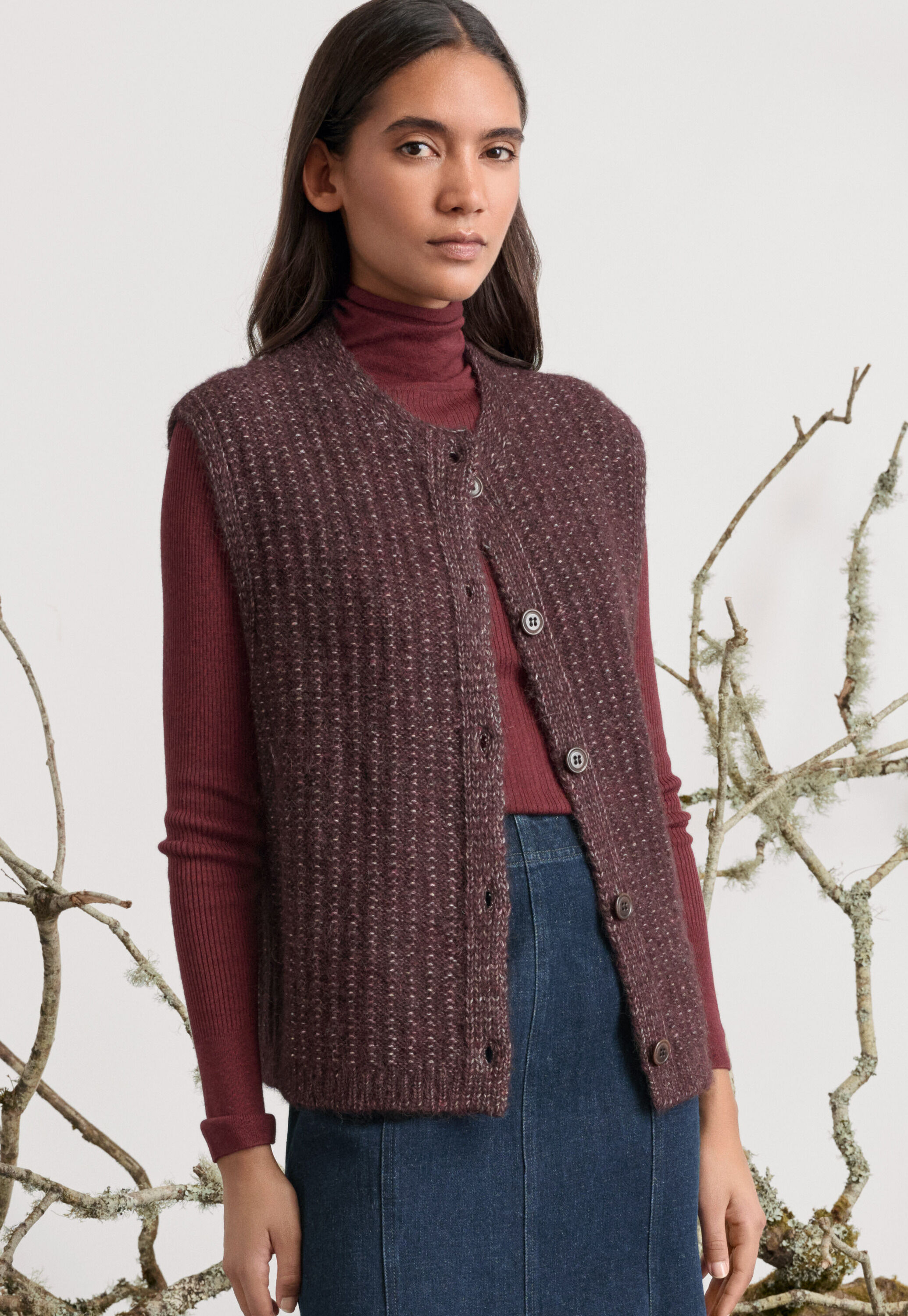 &Auml;rmelloser Cardigan, Maronenbraun, large