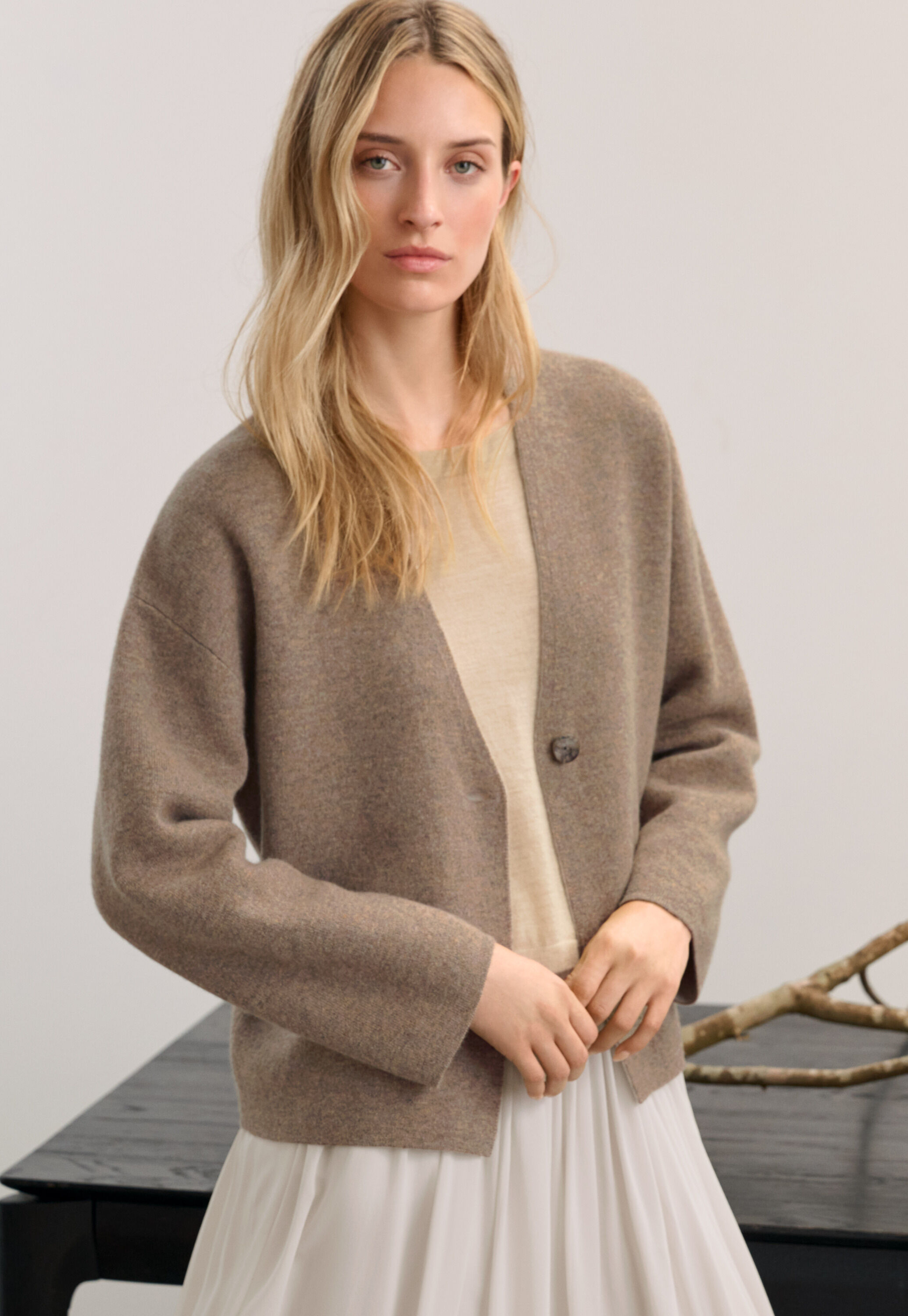 Zweifarbiger Doppelstrick-Cardigan, Latte, large