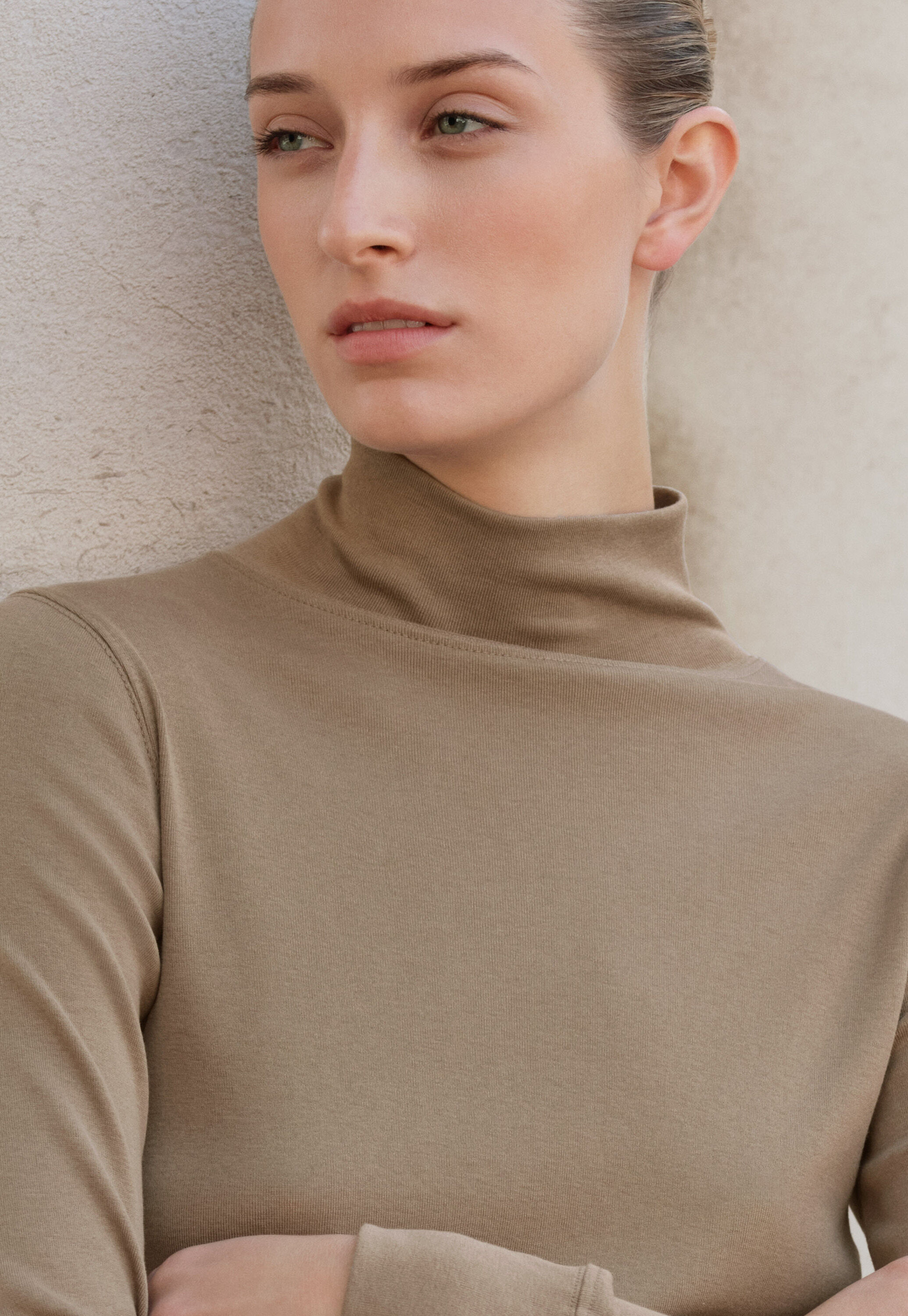 Jersey-Oberteil mit Stehkragen, Dunkles Taupe, large
