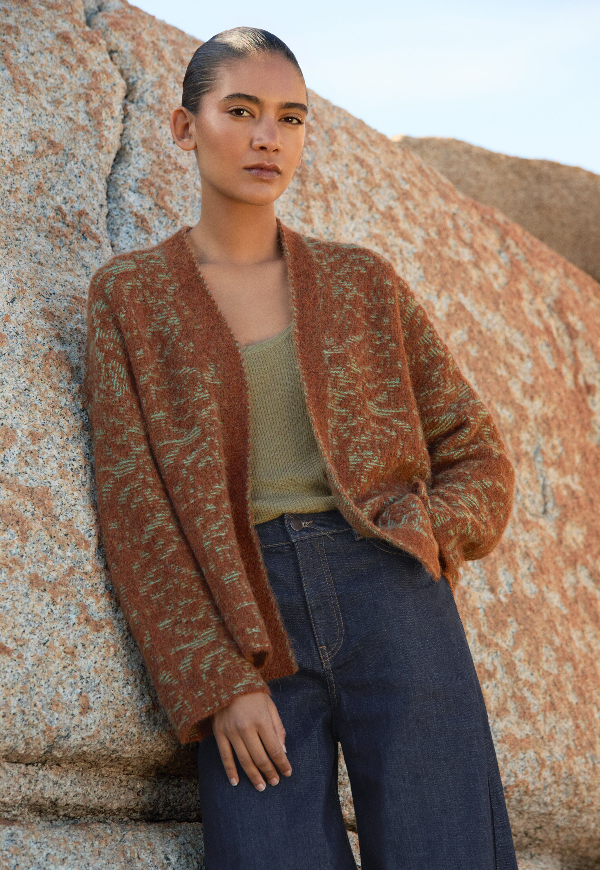 Kimono-Cardigan im Spitzenmuster, Chili/Aqua, large
