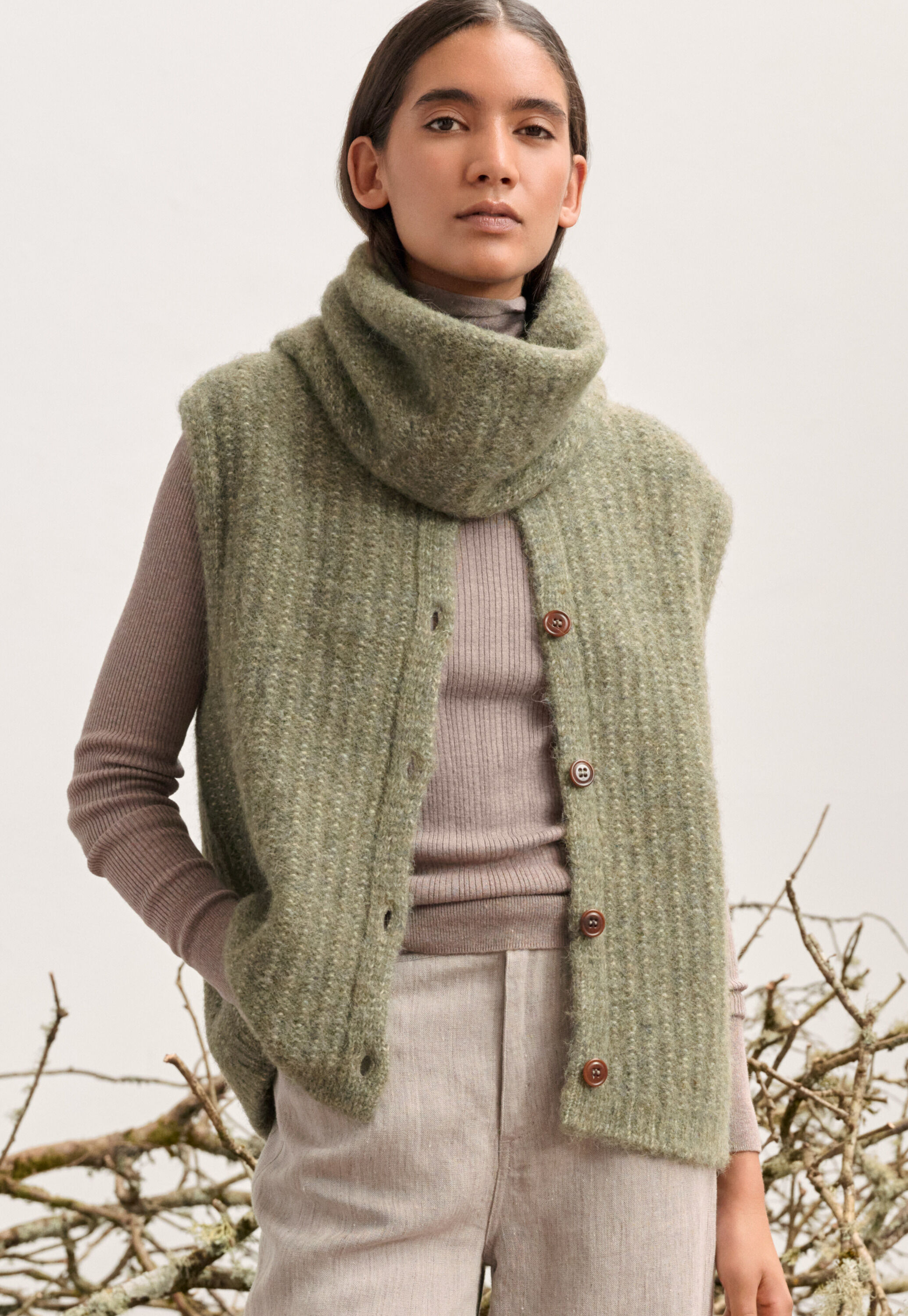 &Auml;rmelloser Cardigan, Khaki, large