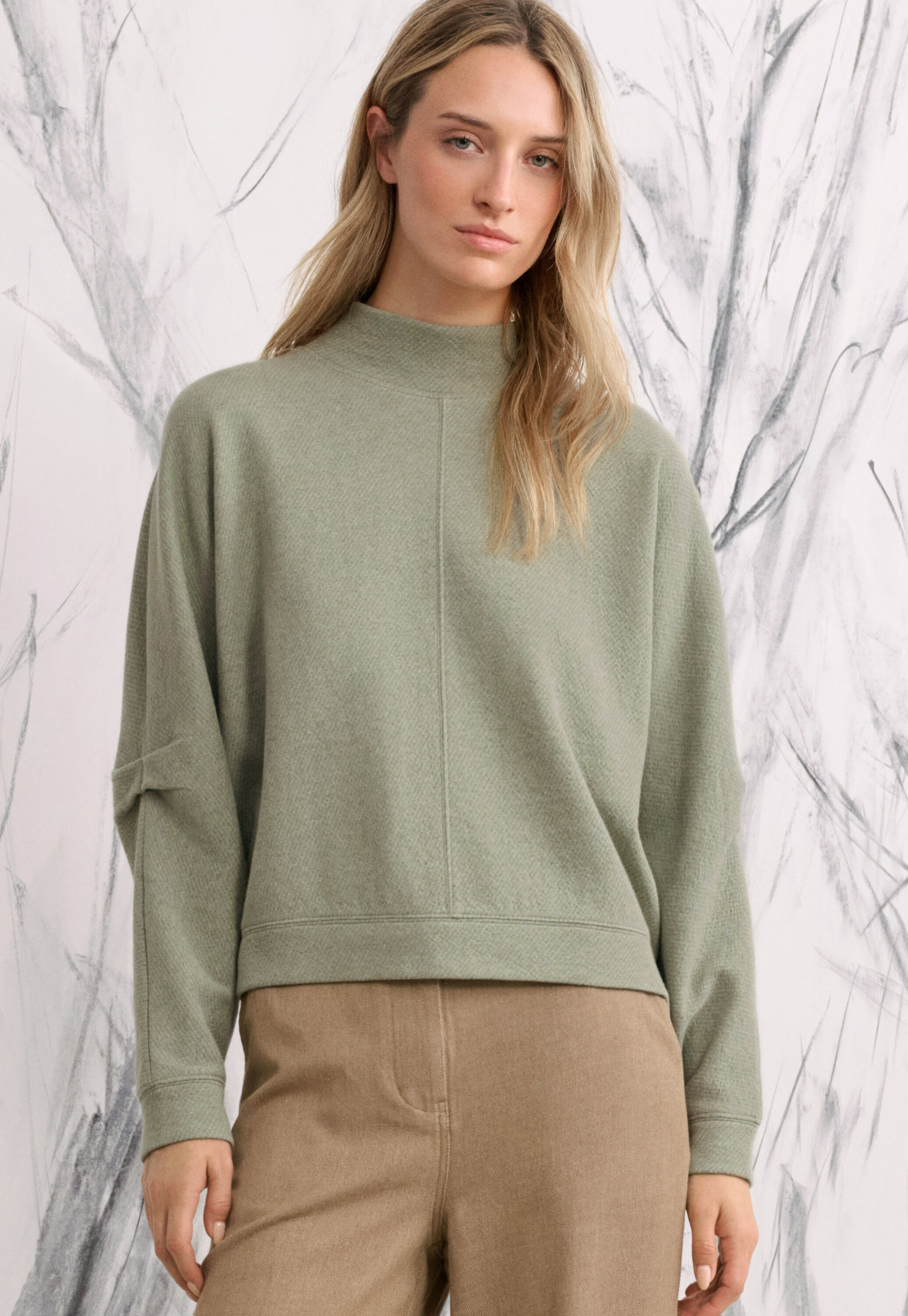 Sweatshirt mit Falten&auml;rmeln, Gewaschenes Salbeigr&uuml;n, large