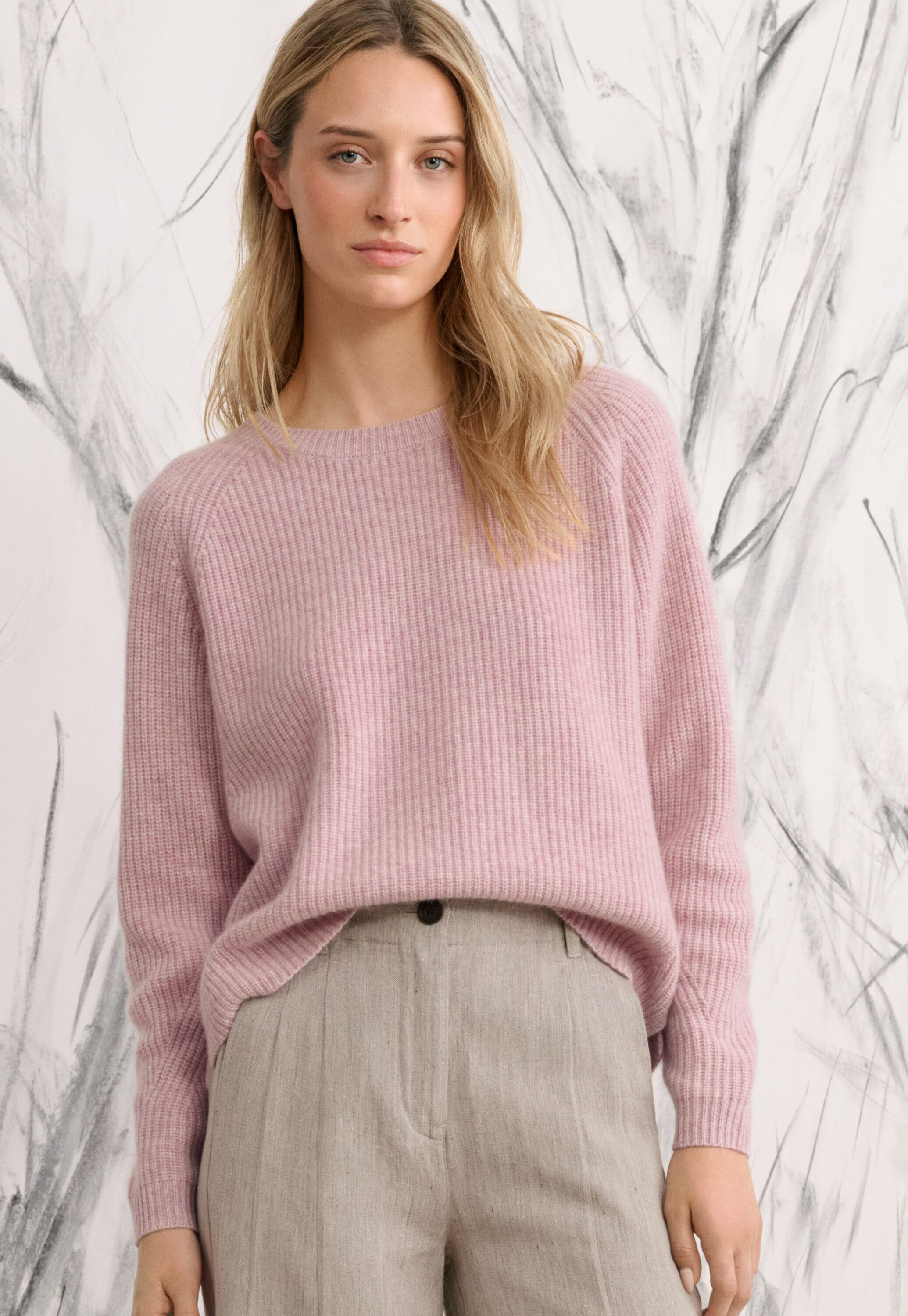 Gerippter Pullover mit Rundhalsausschnitt, Zartes Orchideenrosa, large