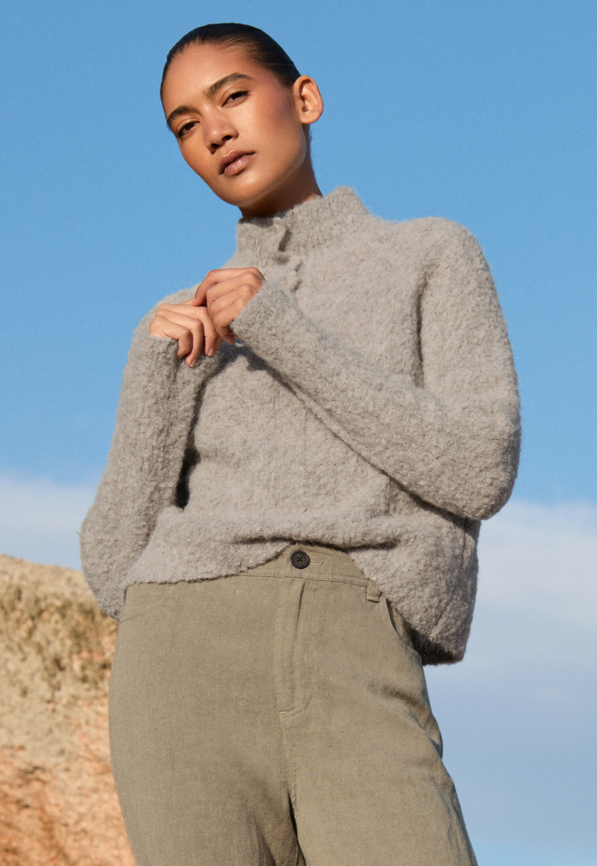 Pullover mit gekn&ouml;pftem Kragen, Natur/Grau, large