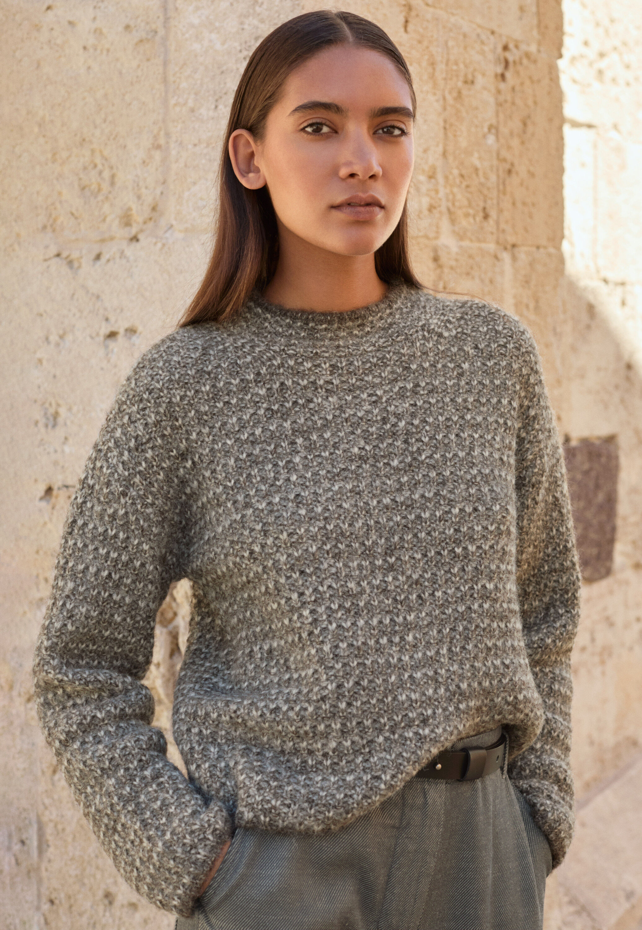 Gemusterter Strickpullover, Graubraun, large