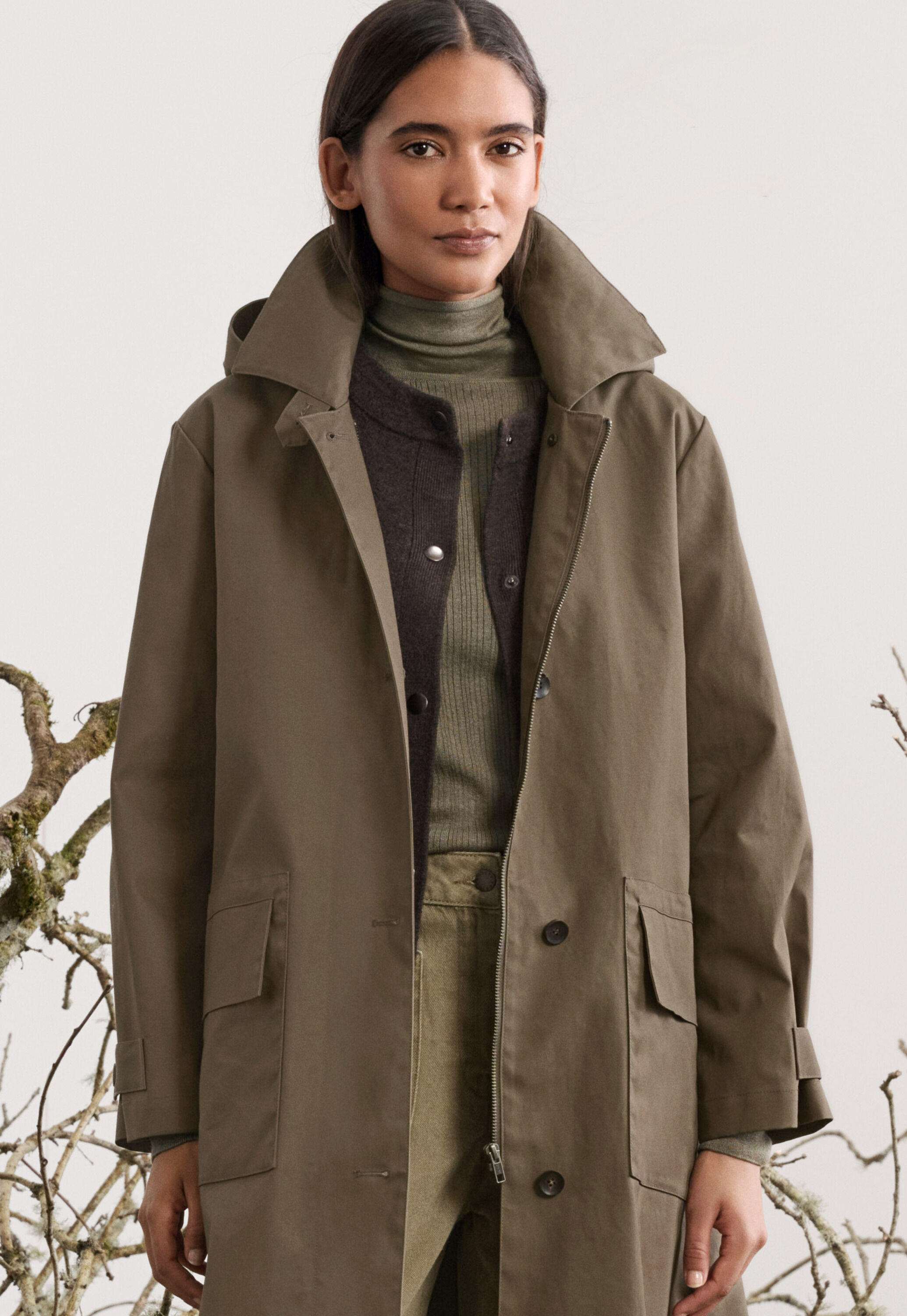 Trenchcoat mit Kapuze, Khakigrau, large