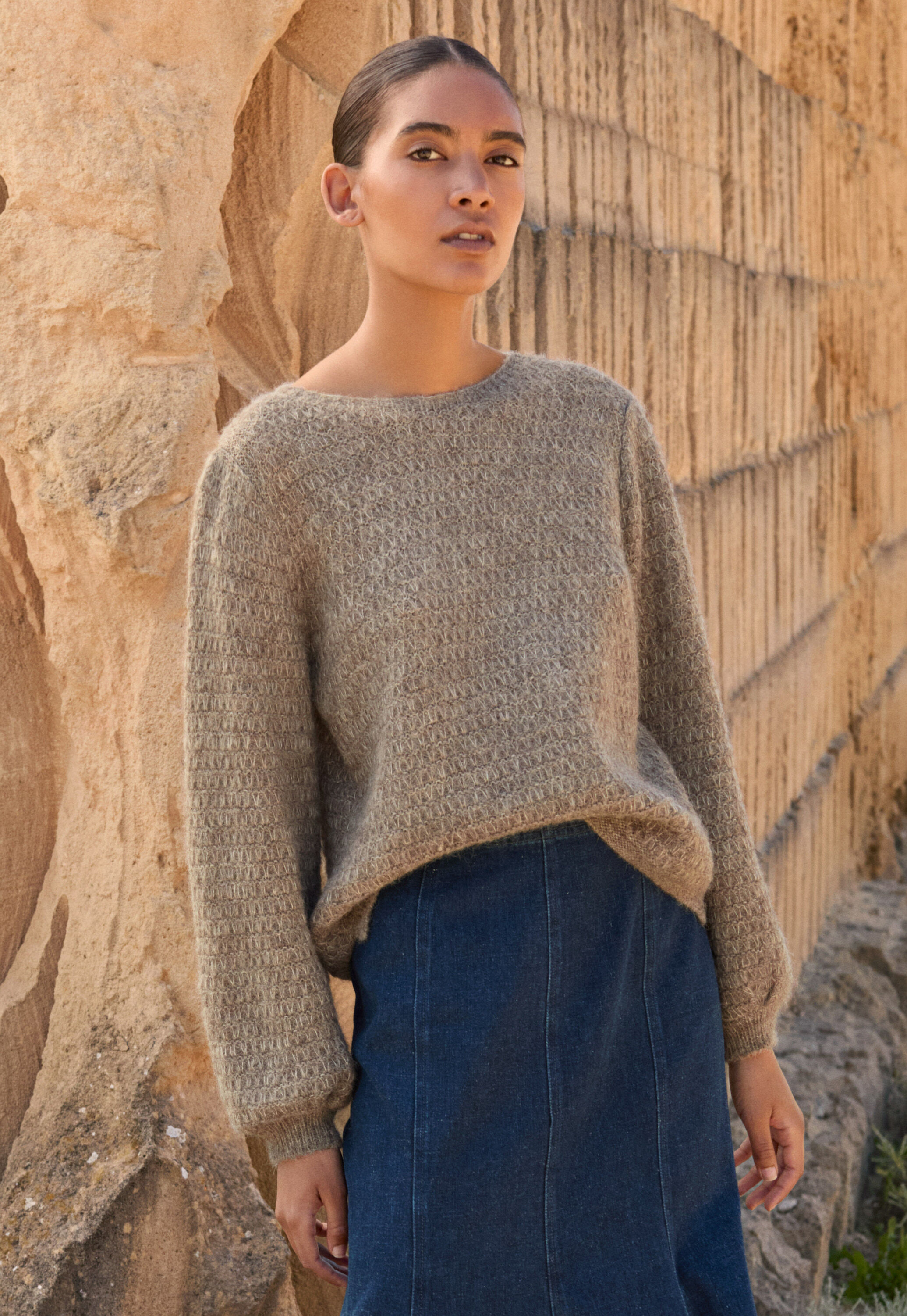 Fangmuster-Pullover, Taupe-Braun, large