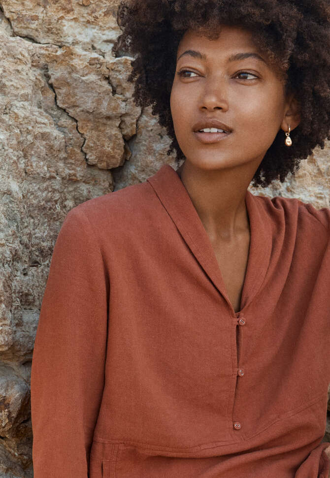 Bluse mit Schalkragen, Dunkles Koralle, completeTheLook