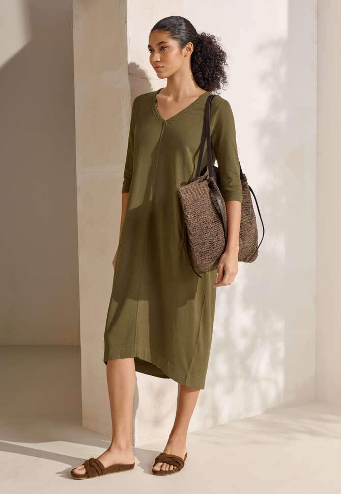 Kleid mit V-Ausschnitt, Dunkles Khaki, completeTheLook