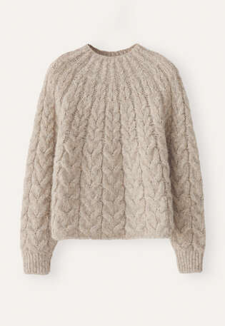 Zopfmusterpullover, Rehbraun-Grau, webstill