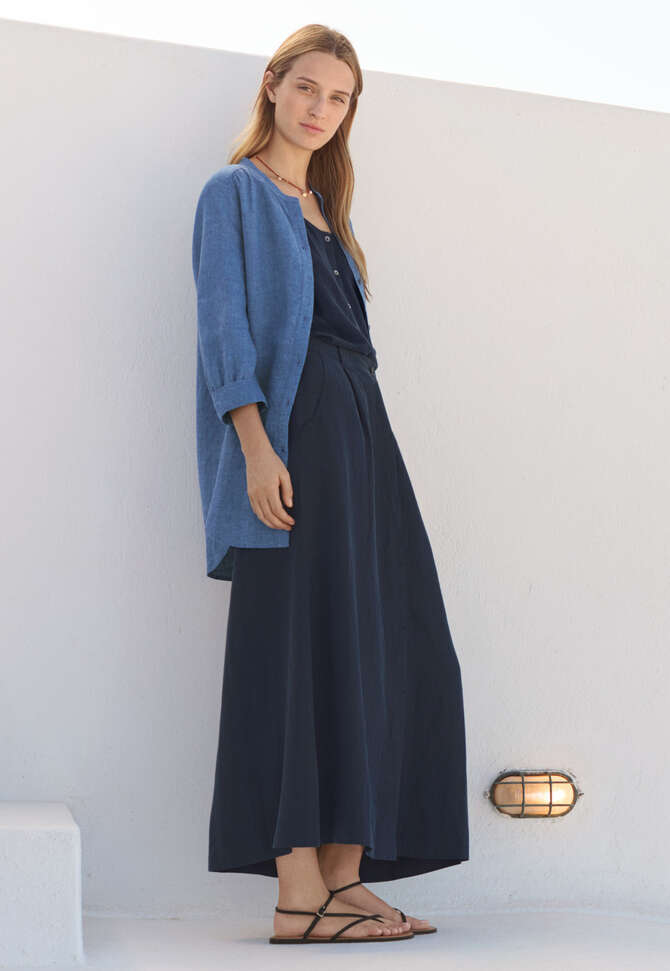 Lange Bluse mit geschwungenem Saum, Indigo, completeTheLook