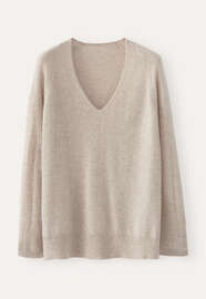 Pullover mit V-Ausschnitt, Ecru/Rehbraun, webstill