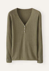 Ripppullover mit V-Ausschnitt, Moos/Taupe, webstill