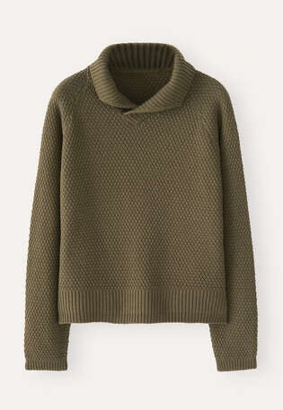Perlmuster-Pullover mit Kragen, Dunkles Oliv, webstill