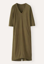 Kleid mit V-Ausschnitt, Dunkles Khaki, webstill