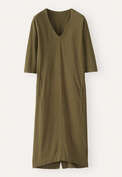 Kleid mit V-Ausschnitt, Dunkles Khaki, webstill