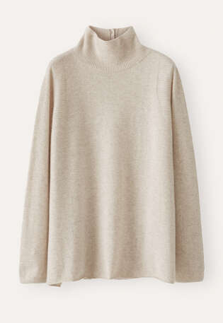 Pullover mit Trichterkragen, Ecru/Rehbraun, webstill