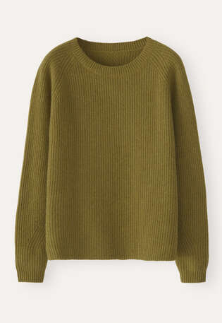 Gerippter Pullover mit Rundhalsausschnitt, Flechtengr&uuml;n, webstill