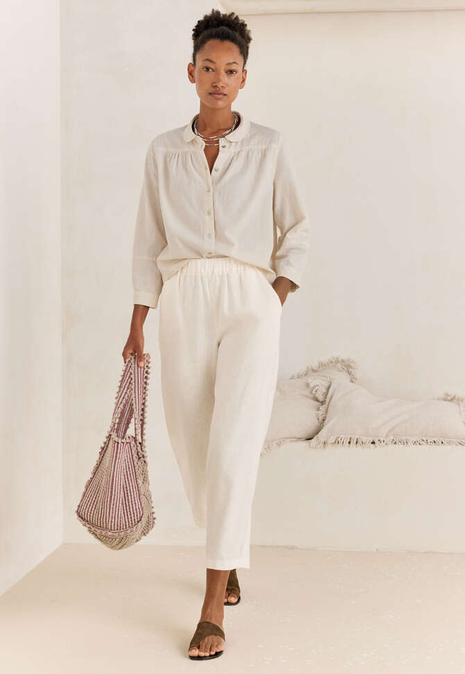 Bluse mit rundem Kragen, Blasses Naturbeige, completeTheLook