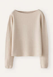 Pullover mit U-Boot-Ausschnitt, Rehbraun/Creme, webstill