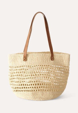 Shopper mit Lederriemen, Helles Steinbeige, webstill