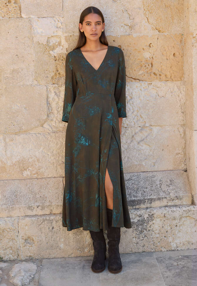Langes Kleid mit Print, Dunkelbraun, completeTheLook
