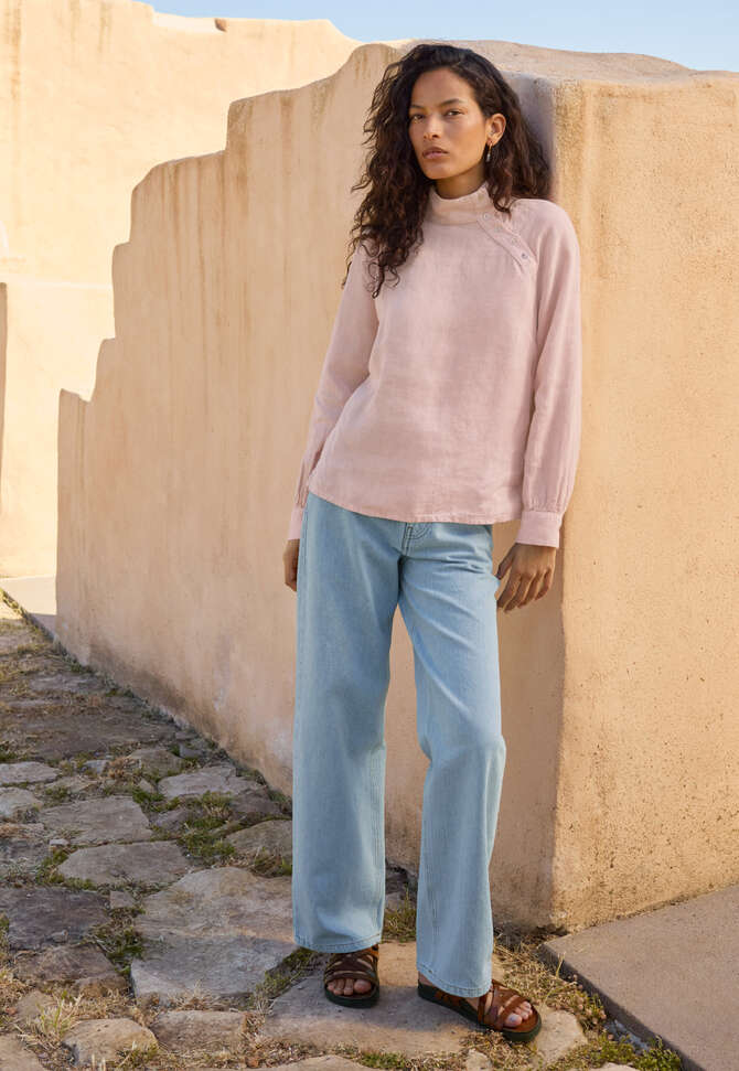 Bluse mit Trichterkragen, Wolkenrosa, completeTheLook