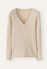 Ripppullover mit V-Ausschnitt, Zartes Rehbraun, webstill