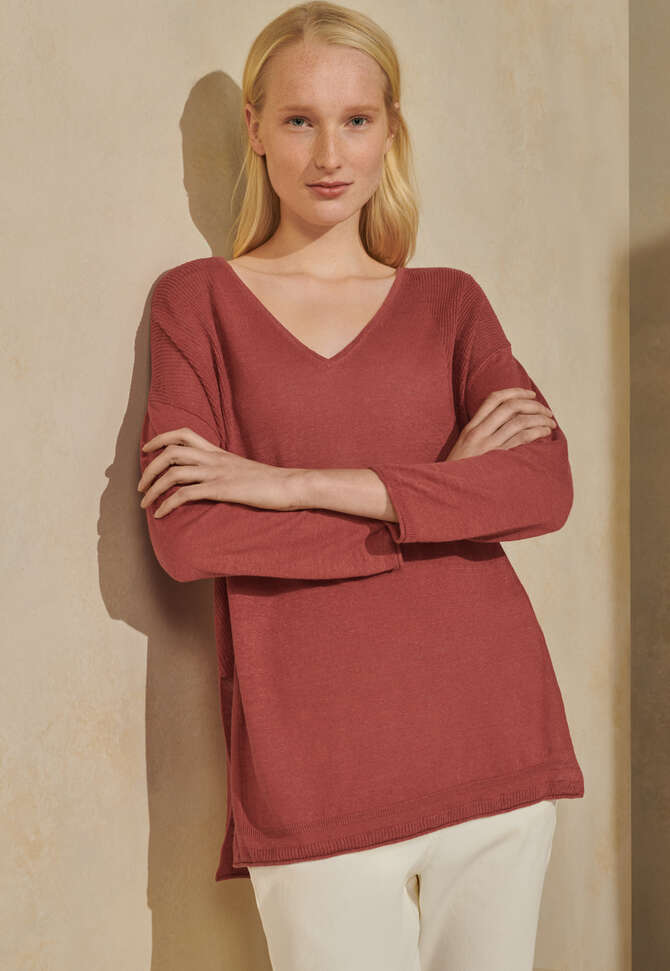 Pullover mit V-Ausschnitt, Terrakottarot, completeTheLook
